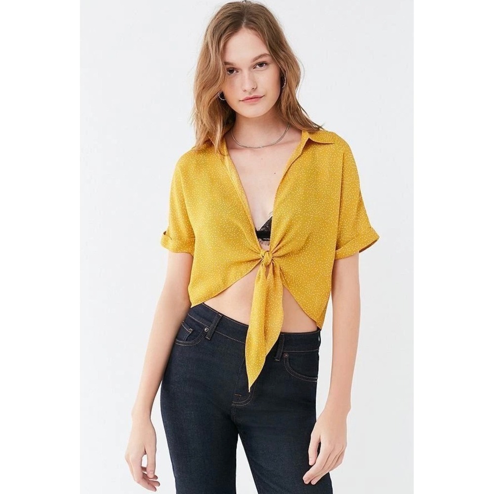 Urban Outfitters Mustard Yellow Polka Dot Tie Front Cropped Blouse XS TP